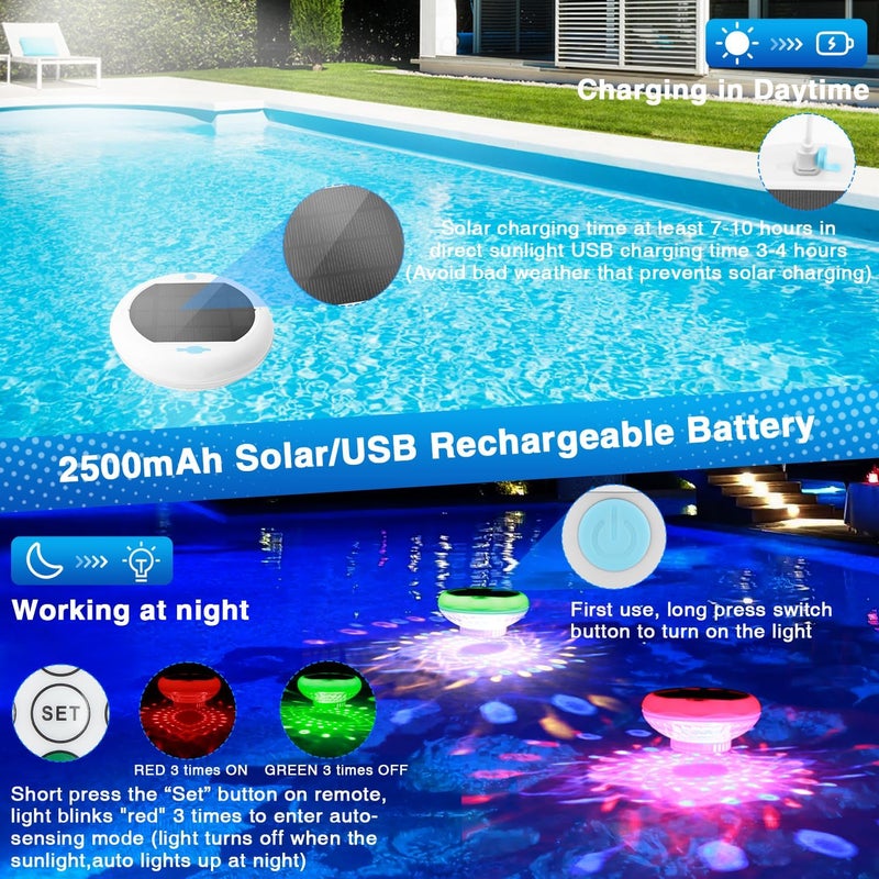 QOLNBY Floating Pool Lights, Solar Pool Chlorine Floater with USB Charging, 6.69 Inch IP68 Waterproof 2600mAh 13 Color Modes Adjustable Pool Chlorine Dispenser Upper and Lower Glow Pool Lights 2 PACK - Image 3